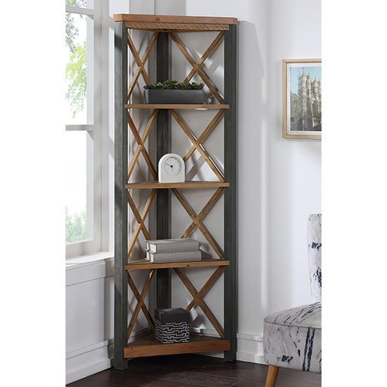 Read more about Nebura large corner wooden bookcase in reclaimed wood