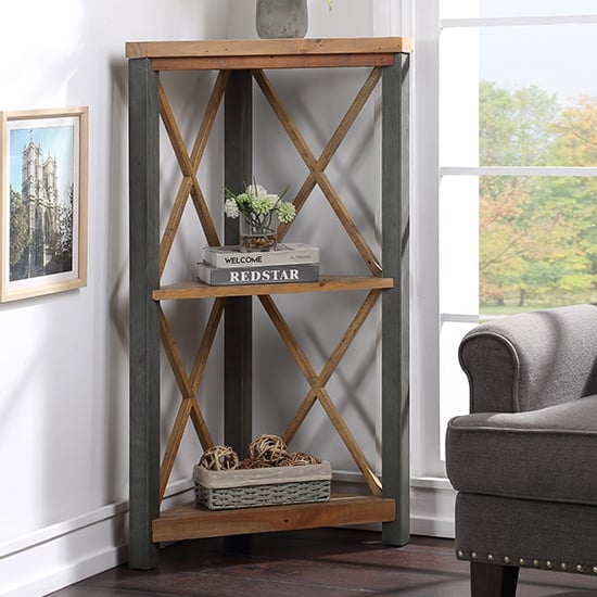 Read more about Nebura small corner wooden bookcase in reclaimed wood
