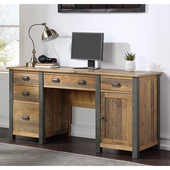 Read more about Nebura wooden twin pedestal computer desk in reclaimed wood