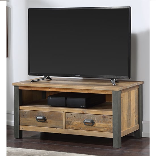 Photo of Nebura wooden widescreen 2 drawers tv stand in reclaimed wood