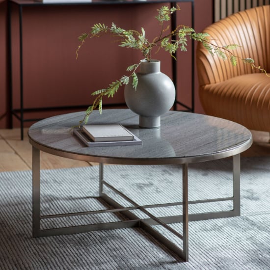 Nectar Round Grey Marble Coffee Table With Silver Metal Frame