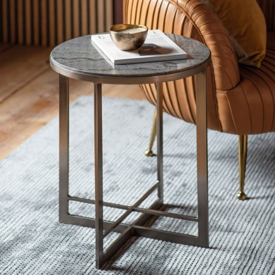 Product photograph of Nectar Round Grey Marble Side Table With Silver Metal Frame from Furniture in Fashion