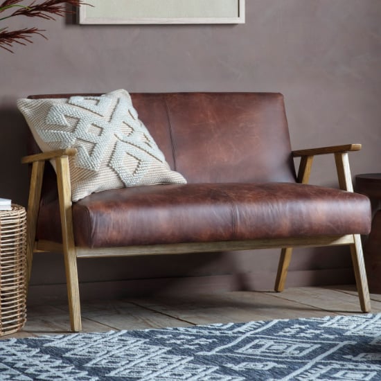 Photo of Neelan leather 2 seater sofa with wooden frame in vintage brown