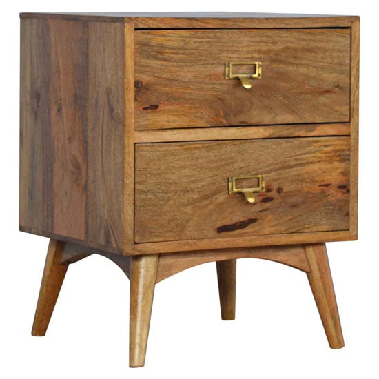 Read more about Neligh bedside cabinet in oak ish with brass metal handles