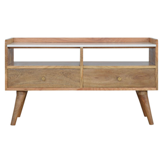 Neligh Wooden TV Stand In Oak Ish With White Marble Top_2