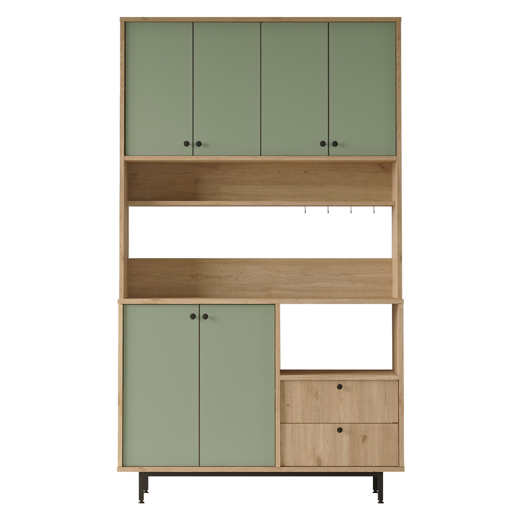 Velano Wide Wooden Coffee Station Cabinet with 6 Green Doors in Oak