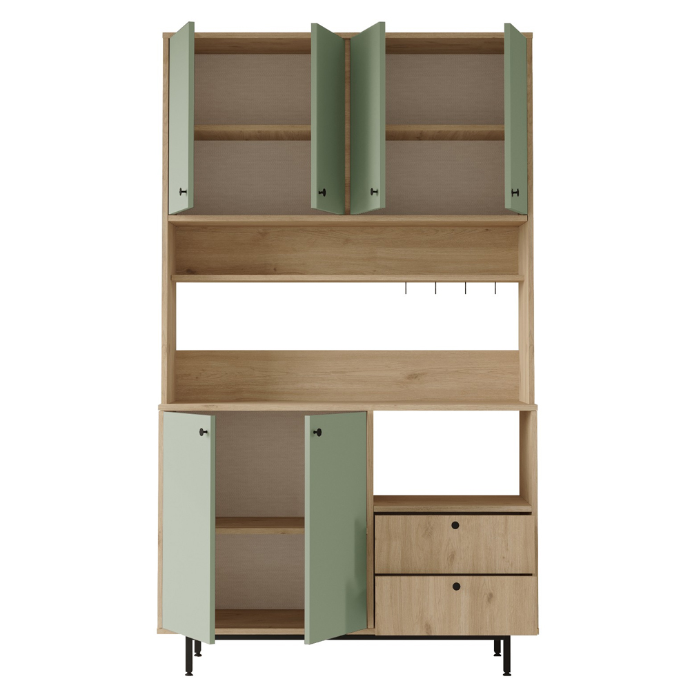 Velano Wide Wooden Coffee Station Cabinet with 6 Green Doors in Oak