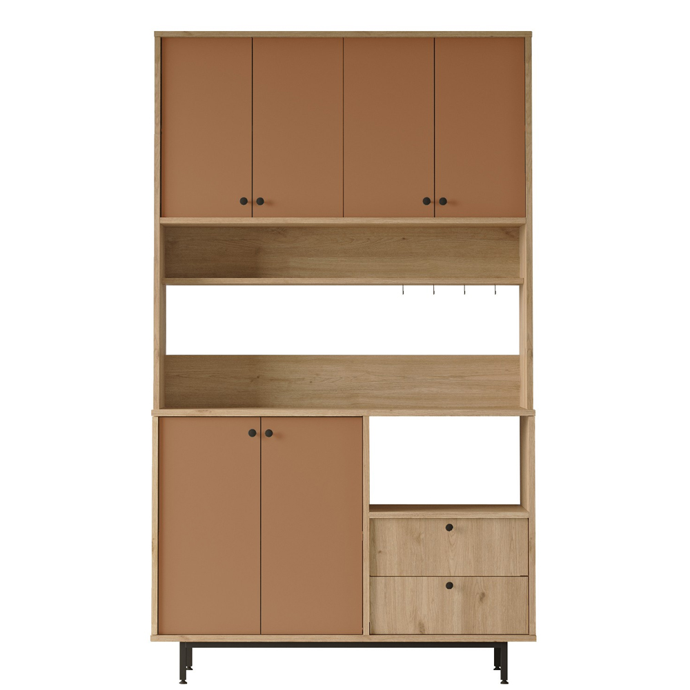 Velano Wide Wooden Coffee Station Cabinet with 6 Tile Red Doors in Oak
