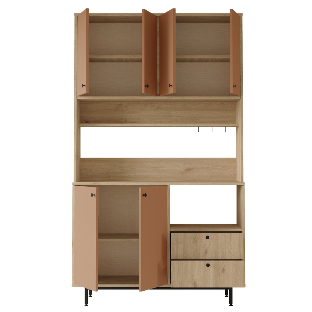 Velano Wide Wooden Coffee Station Cabinet with 6 Tile Red Doors in Oak