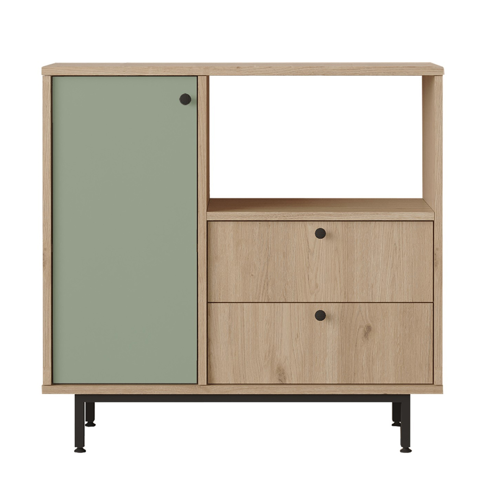 Velano Wooden Coffee Station Cabinet with 1 Green Door 2 Drawers in Oak
