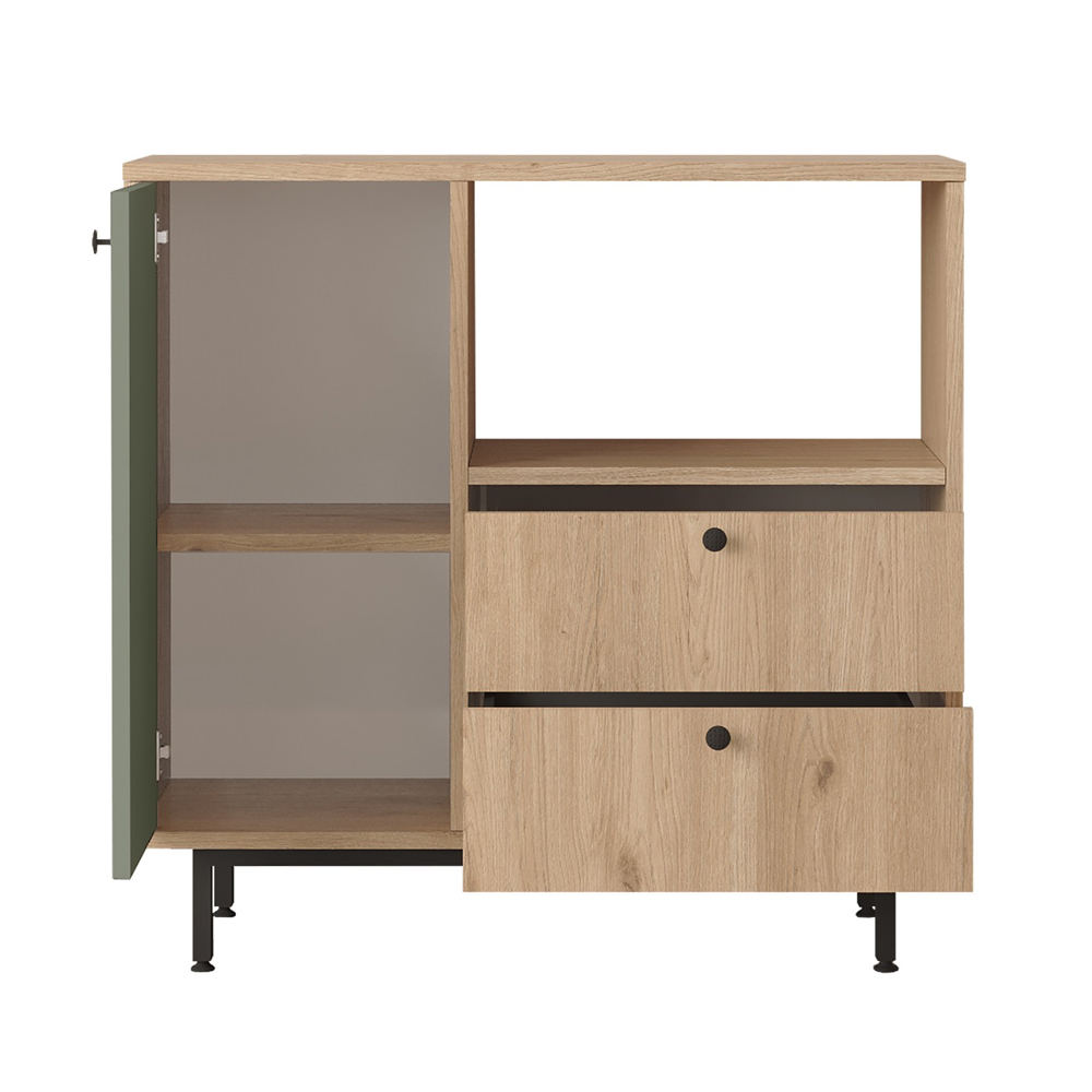 Velano Wooden Coffee Station Cabinet with 1 Green Door 2 Drawers in Oak