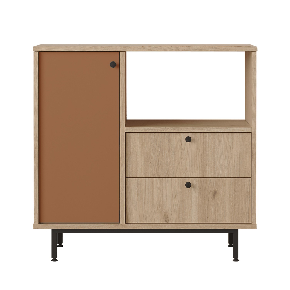 Velano Wooden Coffee Station Cabinet with 1 Tile Red Door 2 Drawers in Oak
