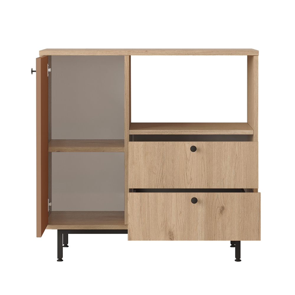 Velano Wooden Coffee Station Cabinet with 1 Tile Red Door 2 Drawers in Oak