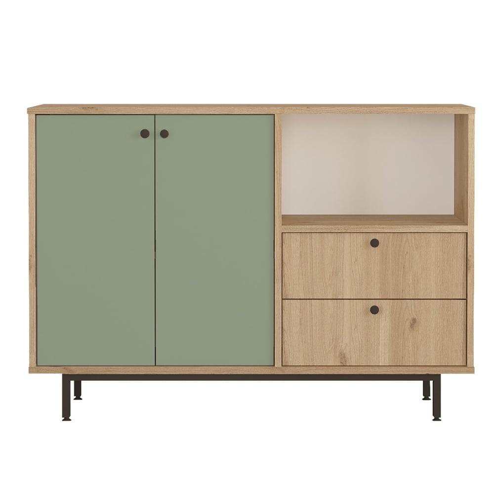 Velano Wooden Coffee Station Cabinet with 2 Green Doors 2 Drawers in Oak