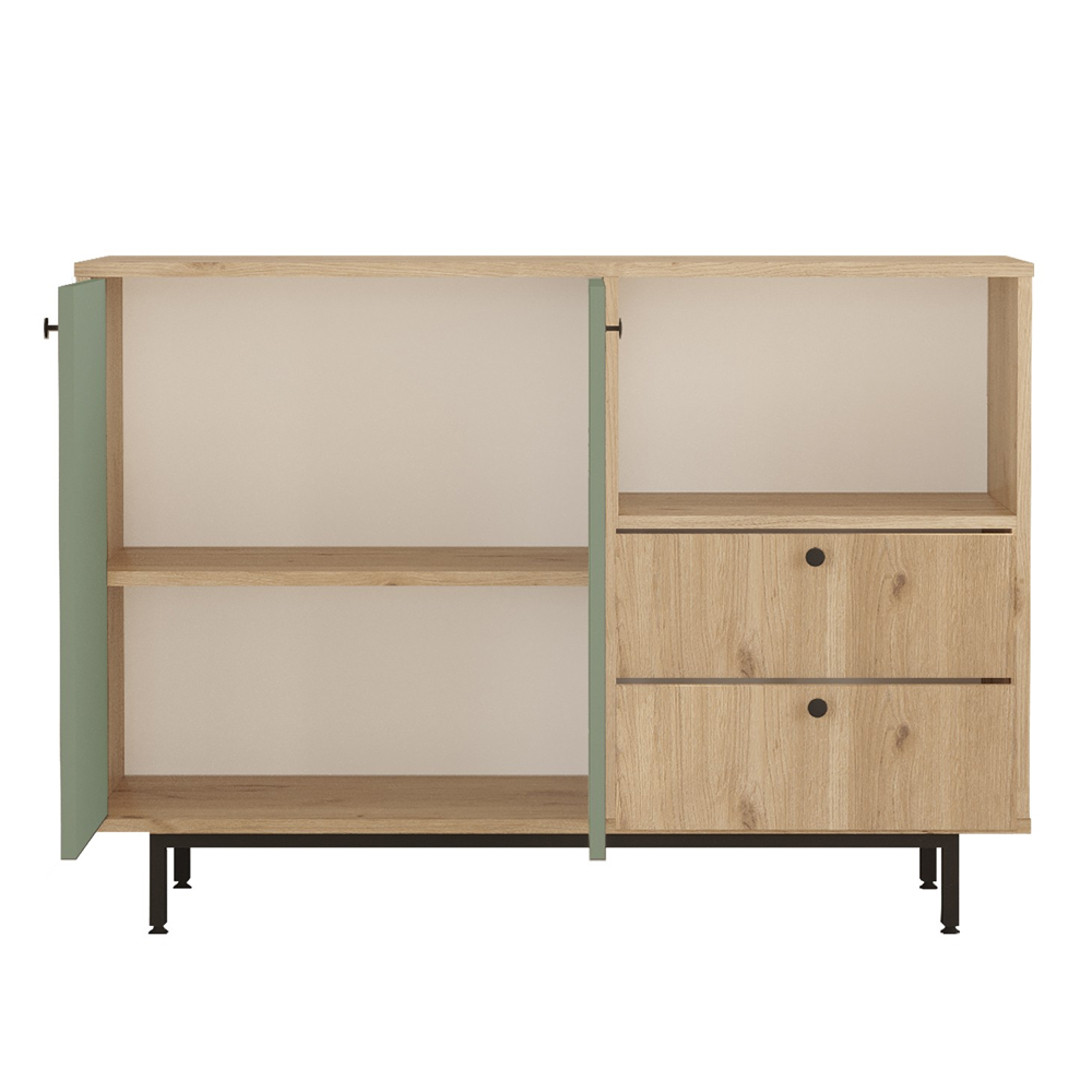 Velano Wooden Coffee Station Cabinet with 2 Green Doors 2 Drawers in Oak