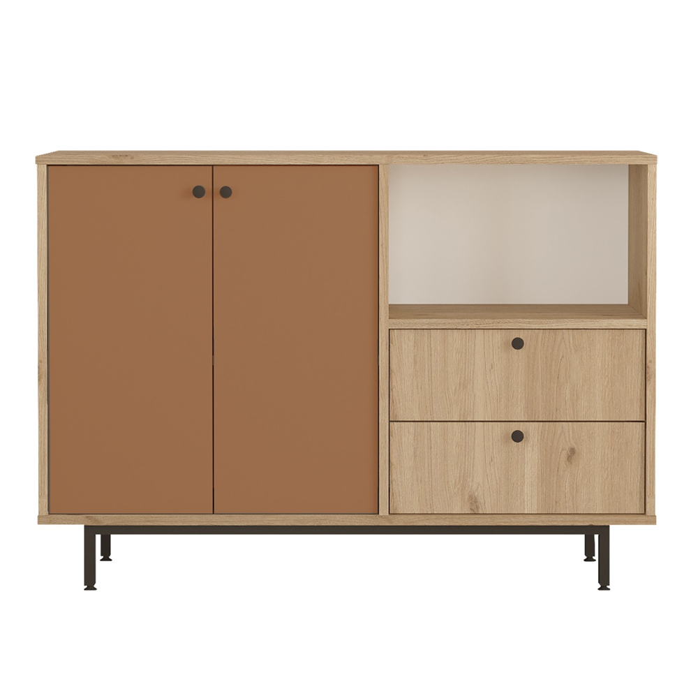 Velano Wooden Coffee Station Cabinet with 2 Tile Red Doors 2 Drawers in Oak