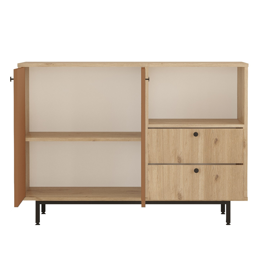 Velano Wooden Coffee Station Cabinet with 2 Tile Red Doors 2 Drawers in Oak