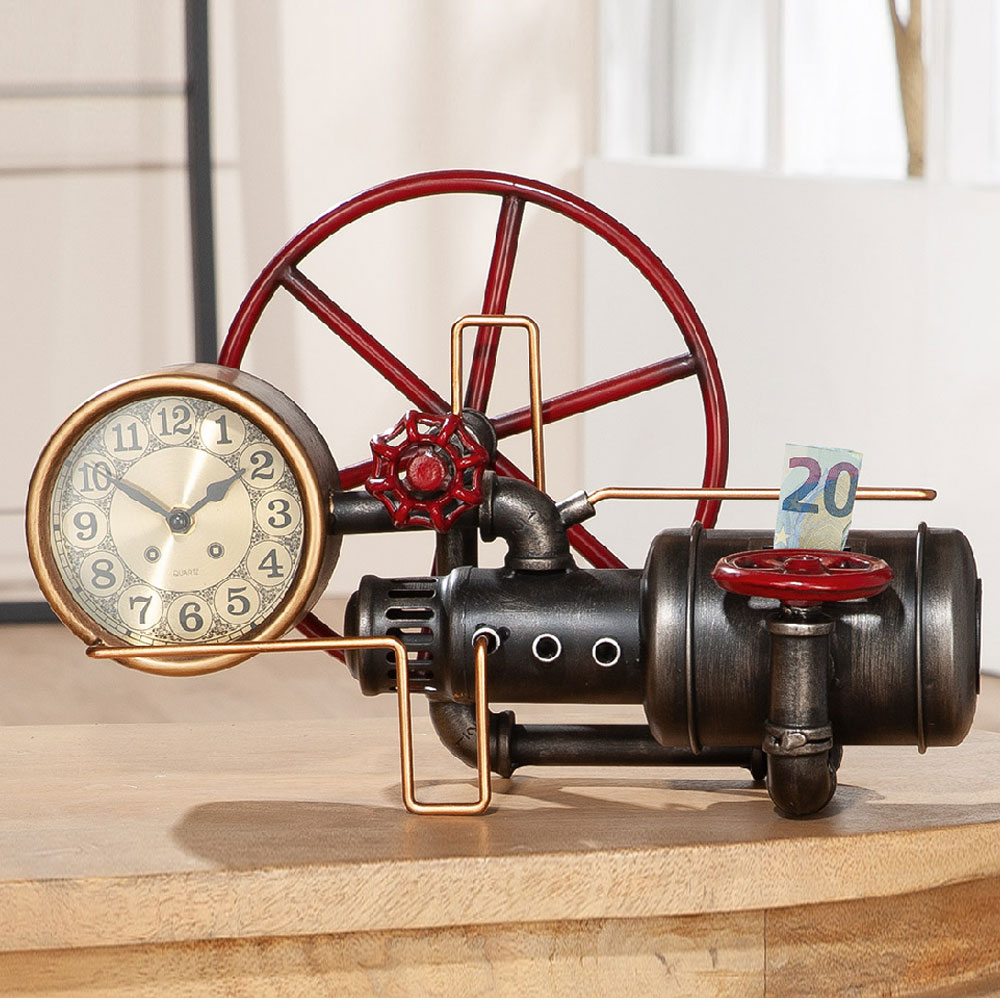 Nelzio Metal Vintage Money Box Table Clock in Red and Black