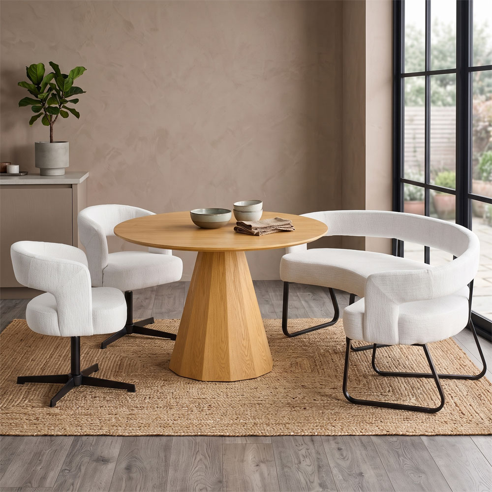 Nertan Round Solid Wood Dining Table Set in Ivory and Oak