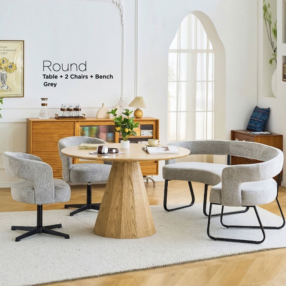 Nertan Round Solid Wood Dining Table Set in Grey and Oak