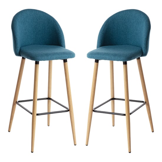 Nesat Blue Fabric Bar Stools With Wooden Legs In Pair_1