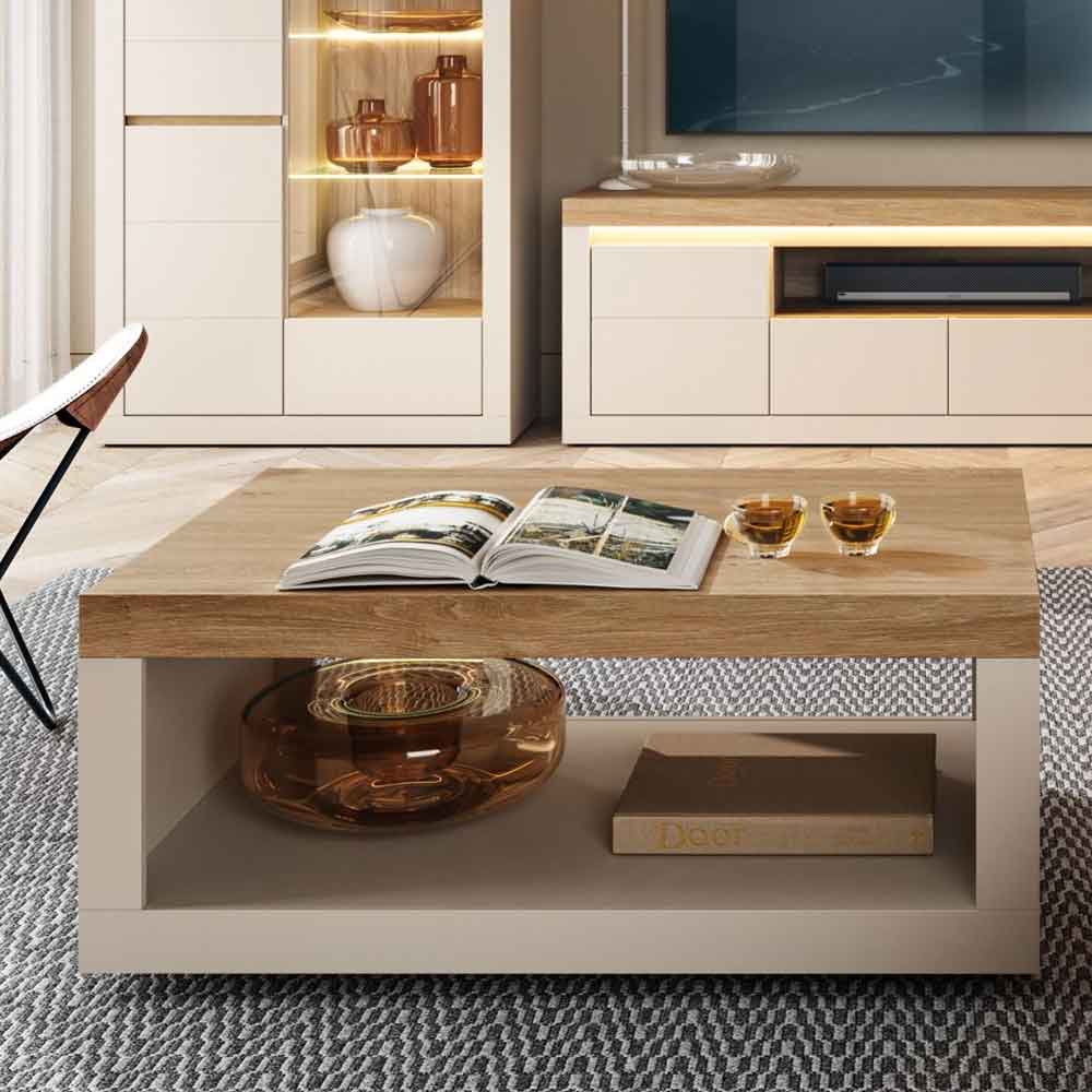 Nessa Wooden Coffee Table in Cashmere and Stone Oak