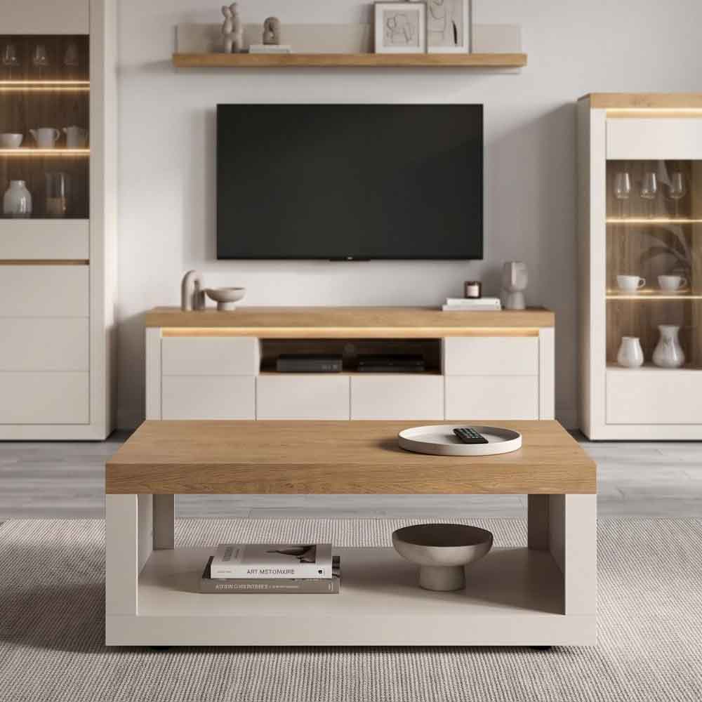 Nessa Wooden Coffee Table in Cashmere and Stone Oak