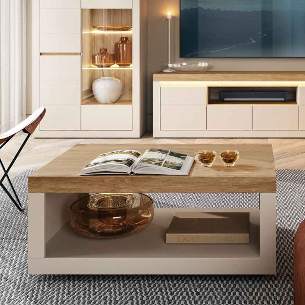 Nessa Wooden Coffee Table in Cashmere and Stone Oak