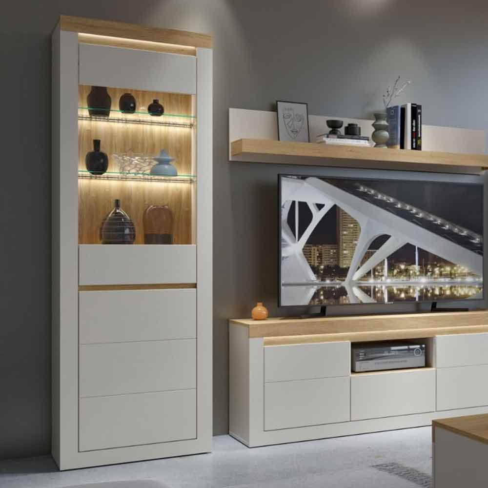 Nessa Wooden Display Cabinet 1 Door in Cashmere and Stone Oak with LED