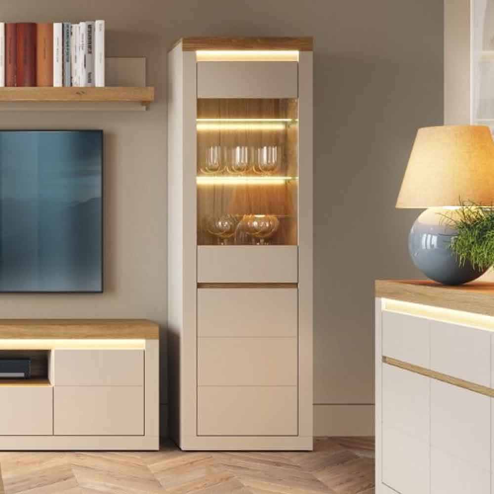 Nessa Wooden Display Cabinet 1 Door in Cashmere and Stone Oak with LED