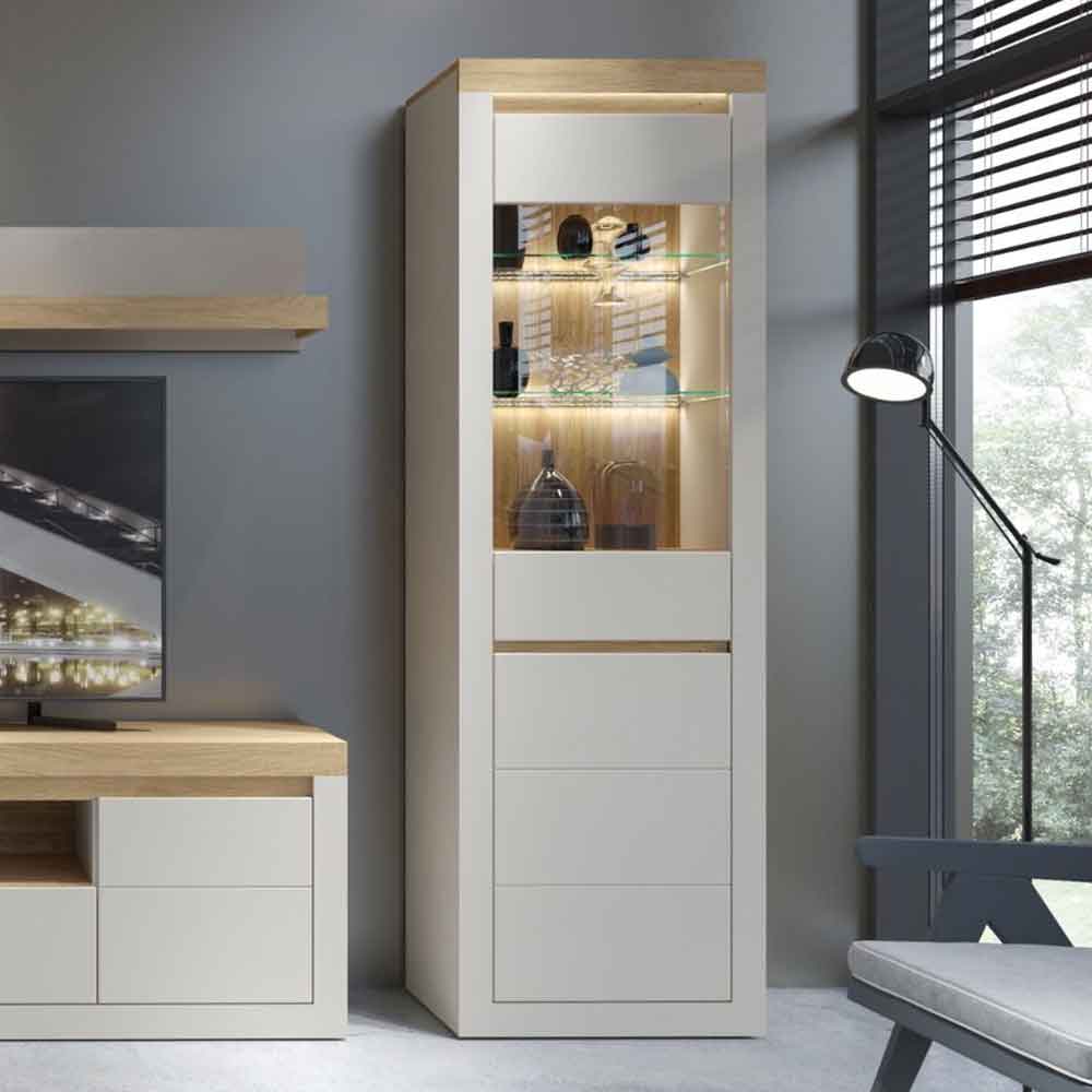 Nessa Wooden Display Cabinet 1 Door in Cashmere and Stone Oak with LED