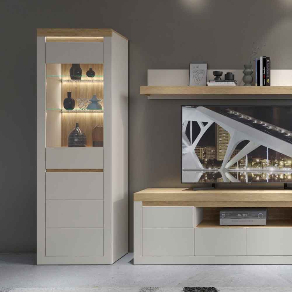 Nessa Wooden Display Cabinet 1 Door in Cashmere and Stone Oak with LED