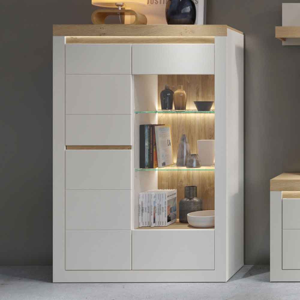 Nessa Wooden Left Handed Display Cabinet with 2 Doors in Cashmere and Stone Oak