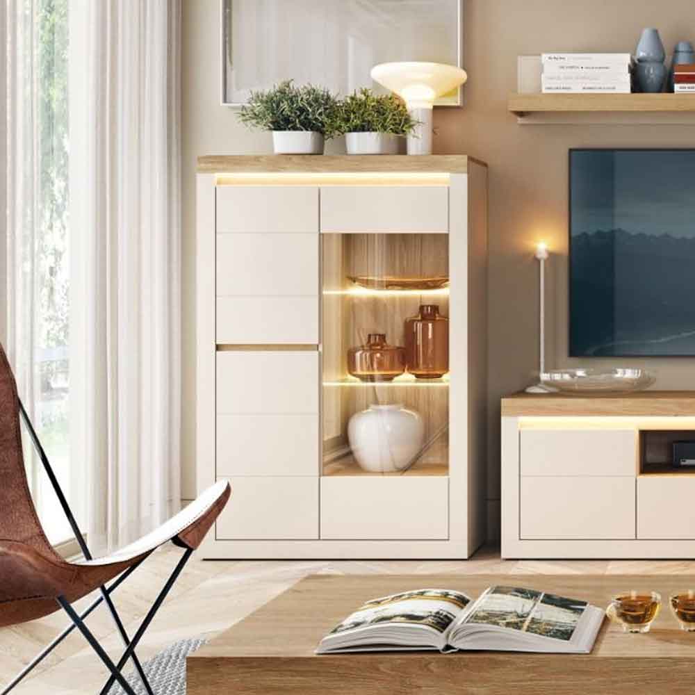 Nessa Wooden Left Handed Display Cabinet with 2 Doors in Cashmere and Stone Oak