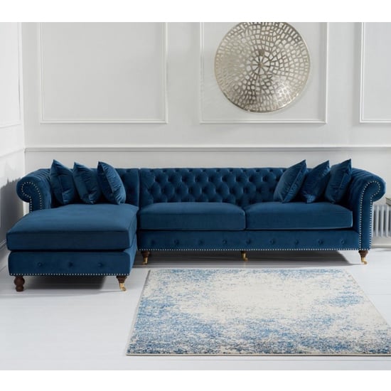 Nesta Large Velvet Left Facing Corner Chaise Sofa In Blue