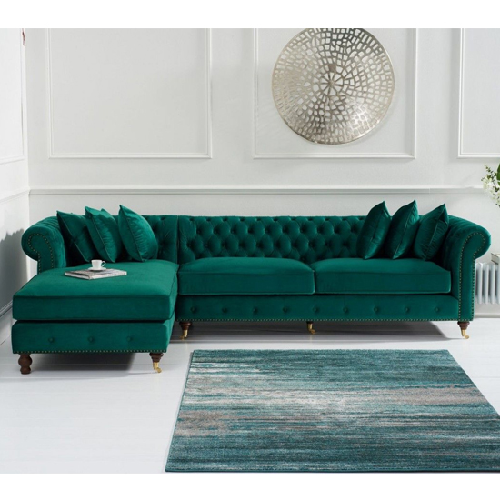 Nesta Large Velvet Left Facing Corner Chaise Sofa In Green