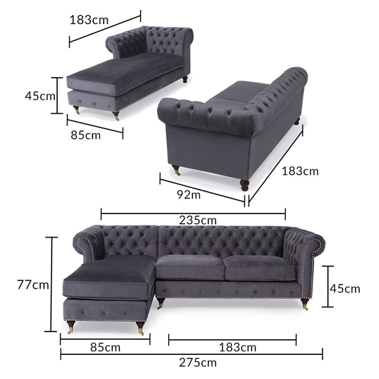 Nesta Medium Velvet Right Facing Corner Chaise Sofa In Grey_5