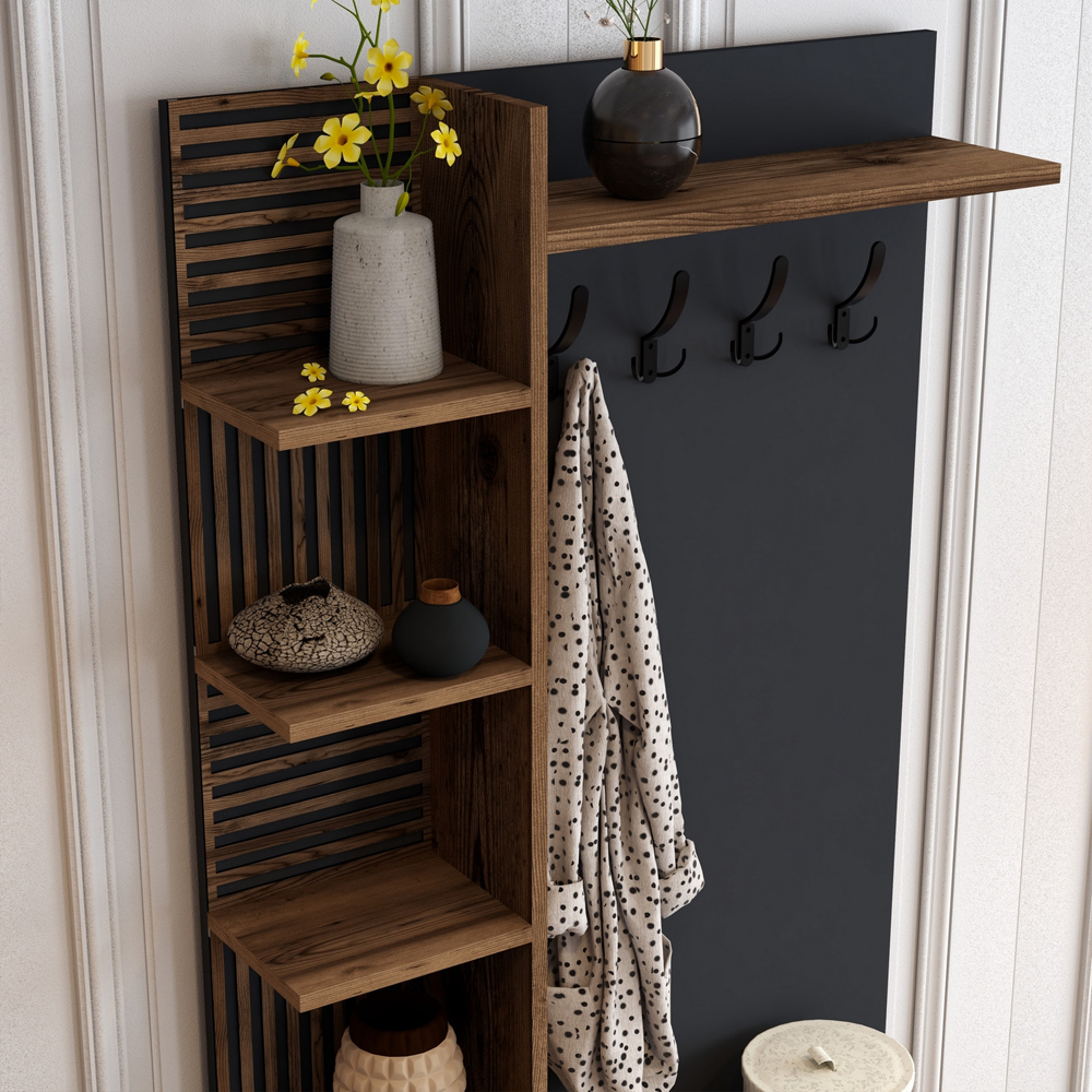 Nestor Wooden Coat Stand with 2 Doors in Walnut and Anthracite