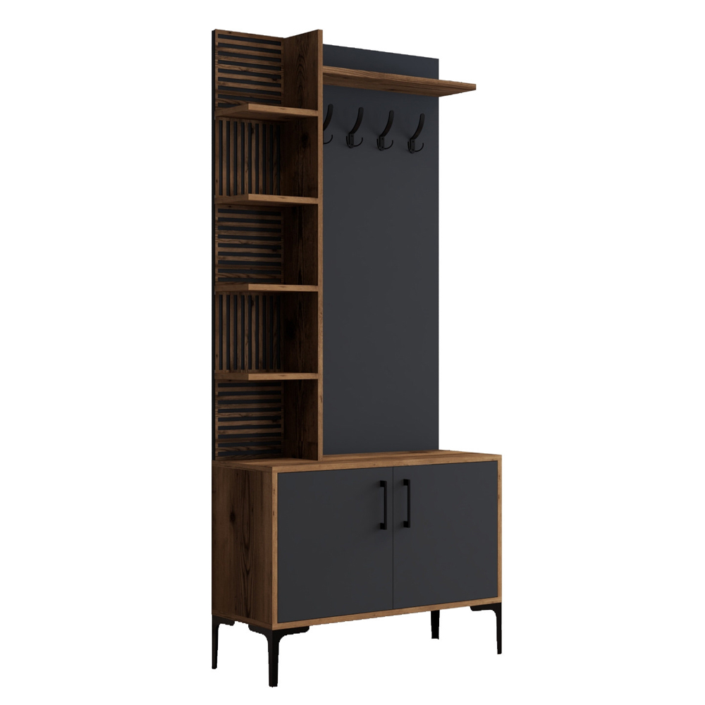 Nestor Wooden Coat Stand with 2 Doors in Walnut and Anthracite
