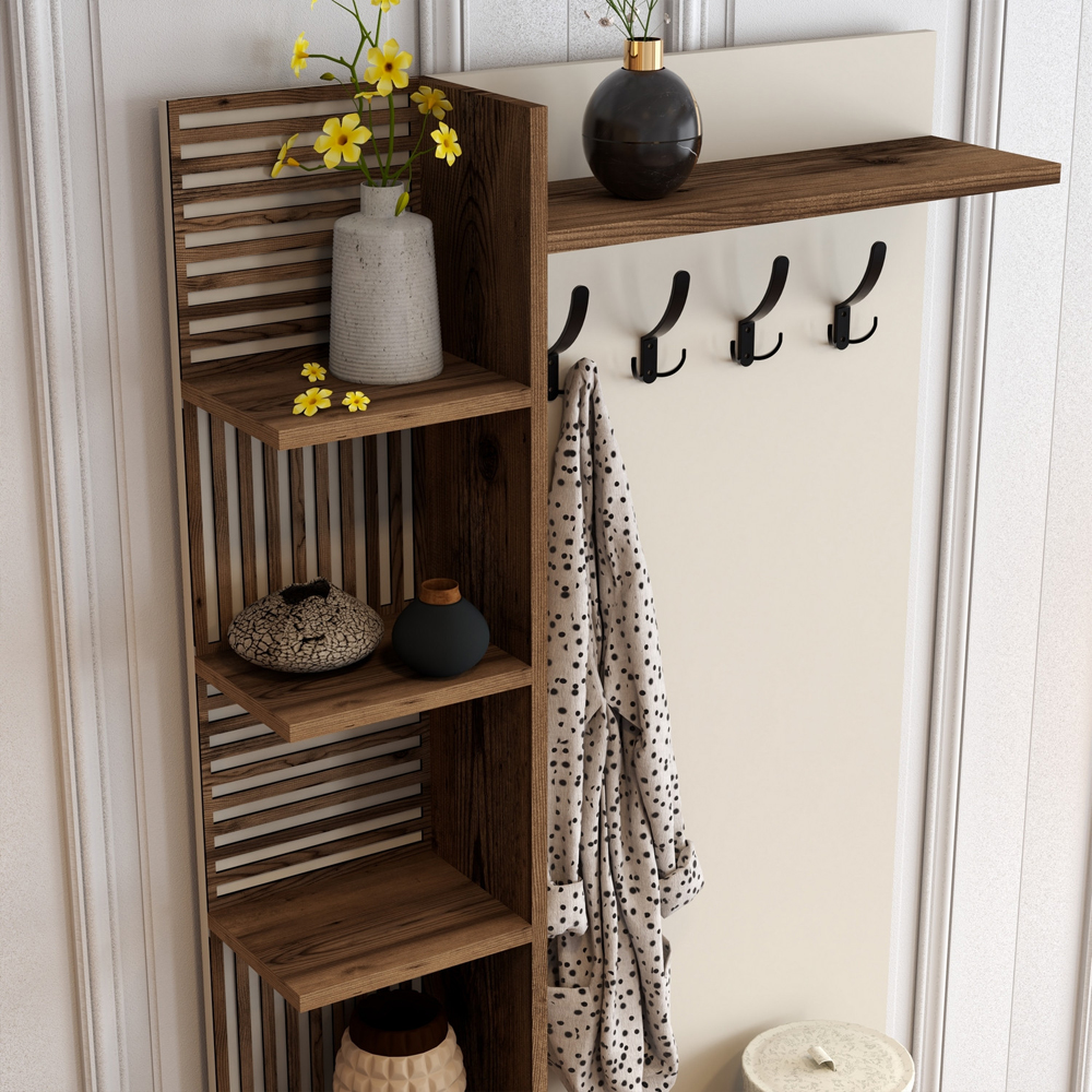 Nestor Wooden Coat Stand with 2 Doors in Walnut and Cream