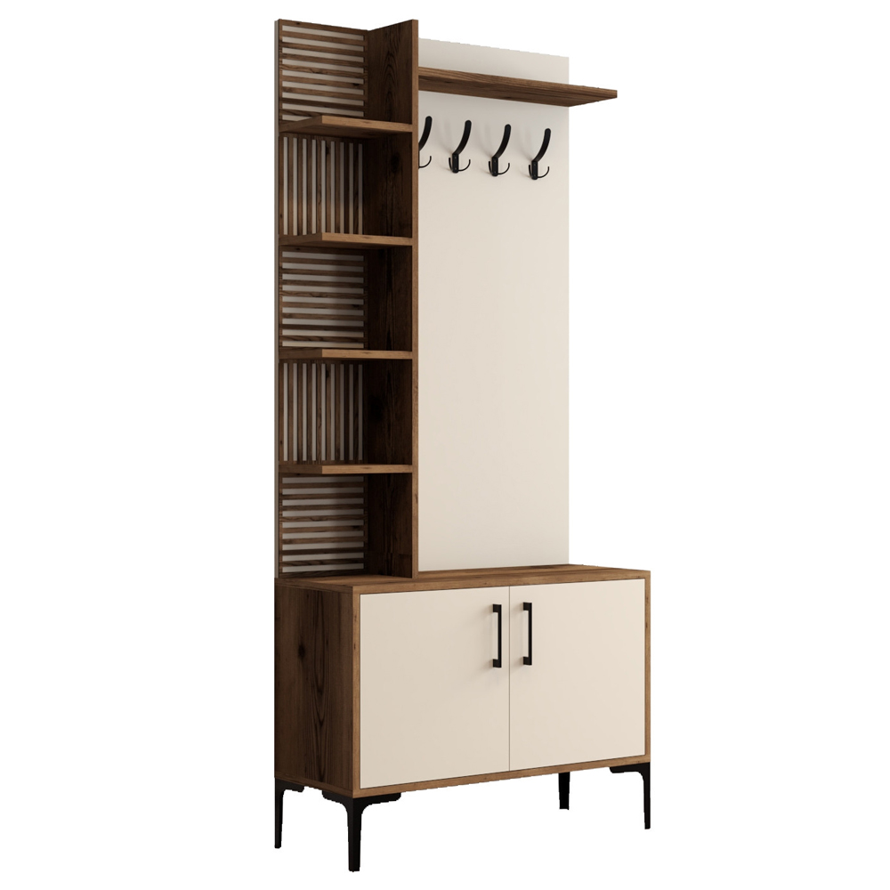 Nestor Wooden Coat Stand with 2 Doors in Walnut and Cream