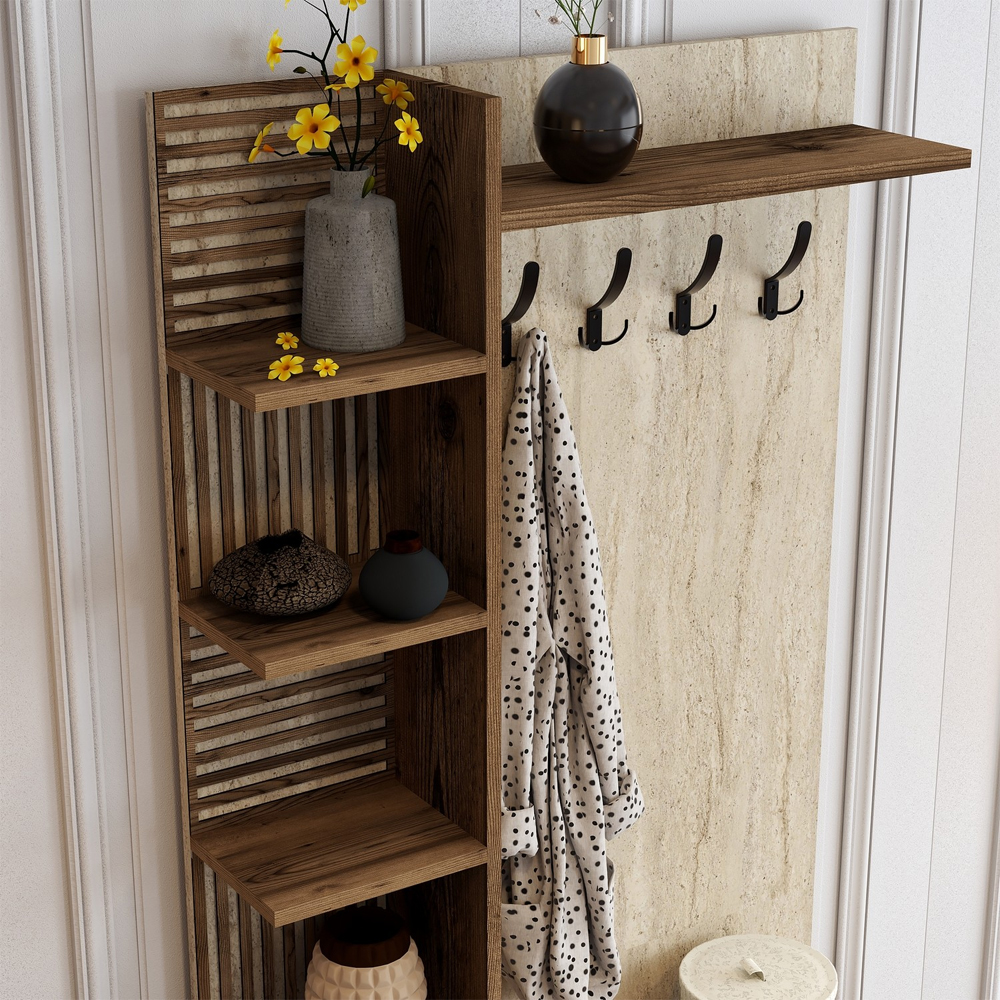 Nestor Wooden Coat Stand with 2 Doors in Walnut and Travertine Marble Effect