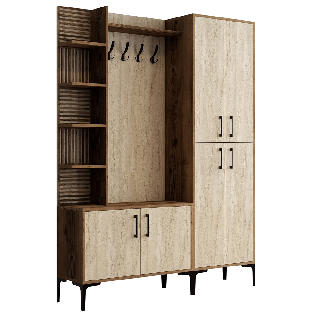 Nestor Wooden Coat Stand with 2 Doors in Walnut and Travertine Marble Effect