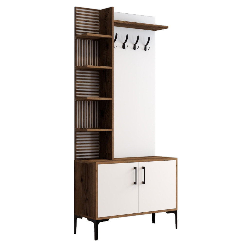 Nestor Wooden Coat Stand with 2 Doors in Walnut and White