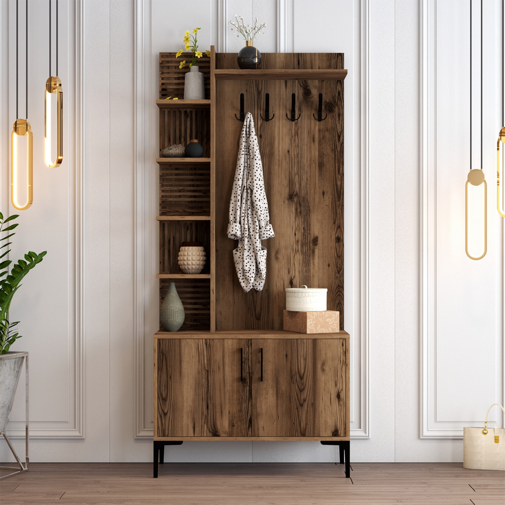 Nestor Wooden Coat Stand with 2 Doors in Walnut