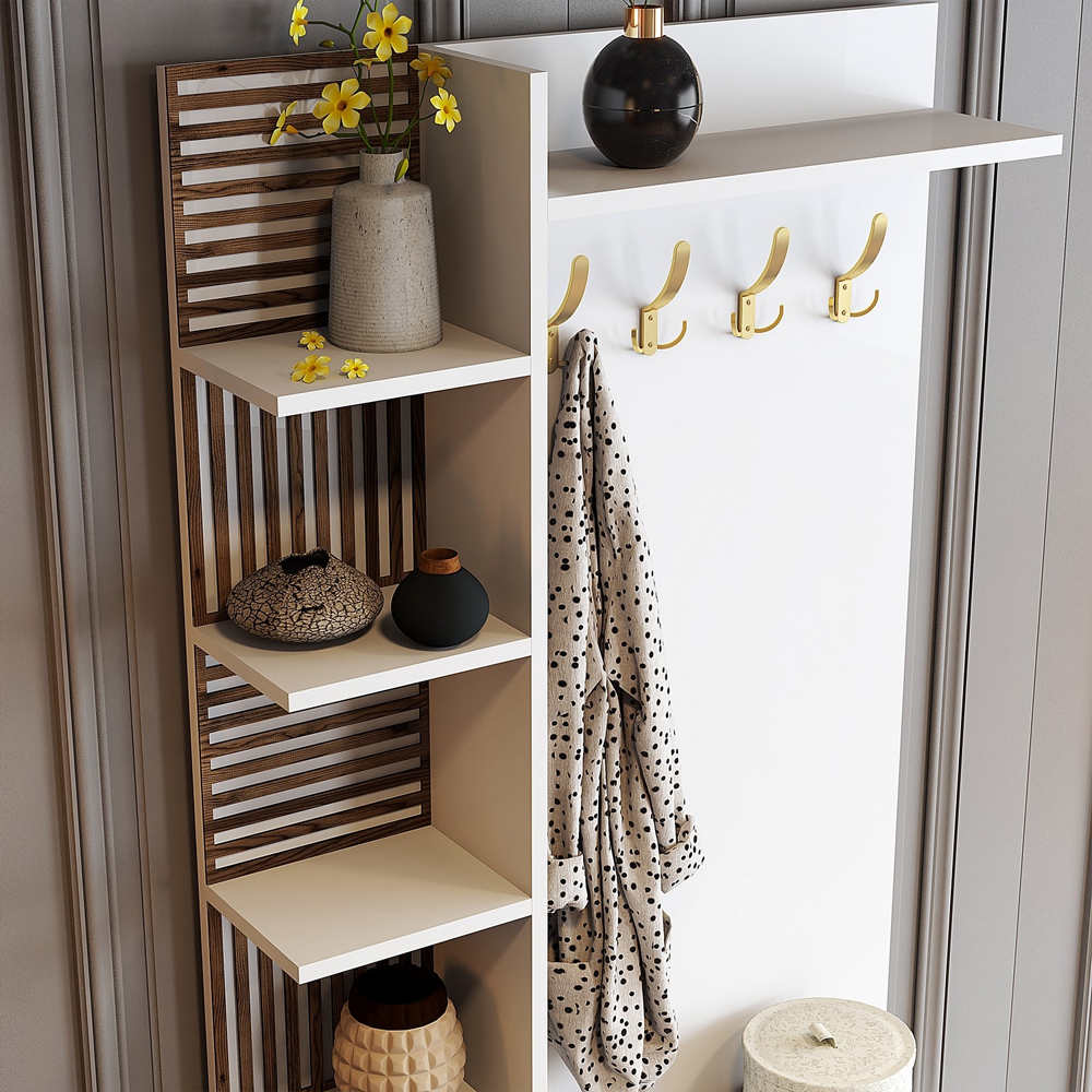 Nestor Wooden Coat Stand with 2 Doors in White and Gold