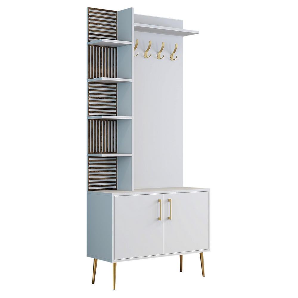 Nestor Wooden Coat Stand with 2 Doors in White and Gold