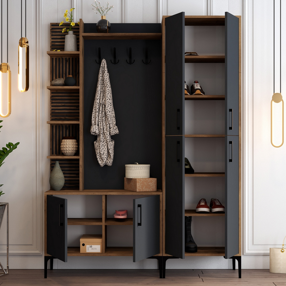 Nestor Wooden Coat Stand with 6 Doors in Walnut and Anthracite