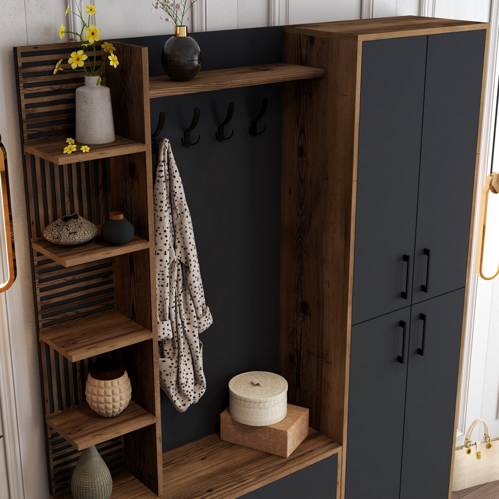 Nestor Wooden Coat Stand with 6 Doors in Walnut and Anthracite