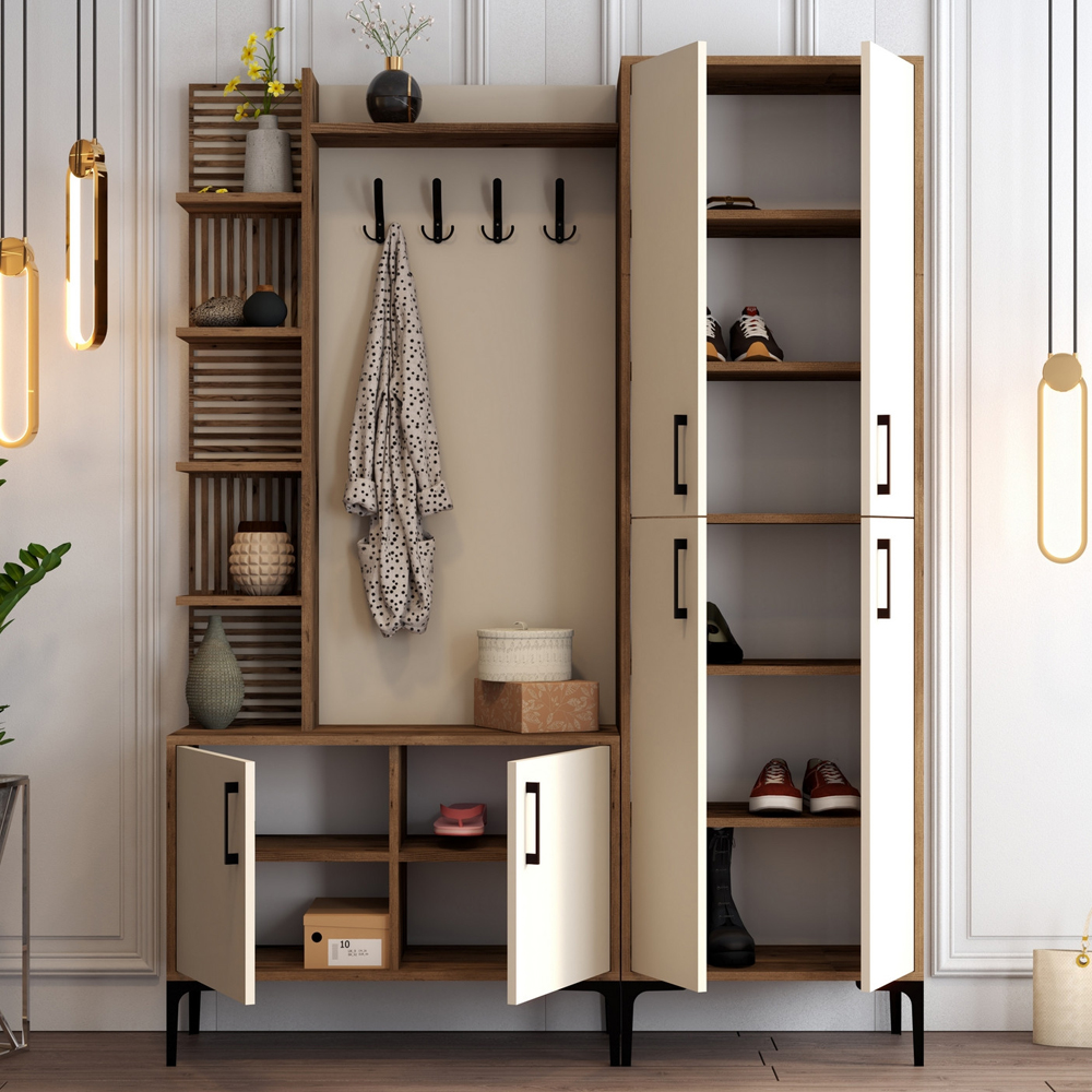 Nestor Wooden Coat Stand with 6 Doors in Walnut and Cream
